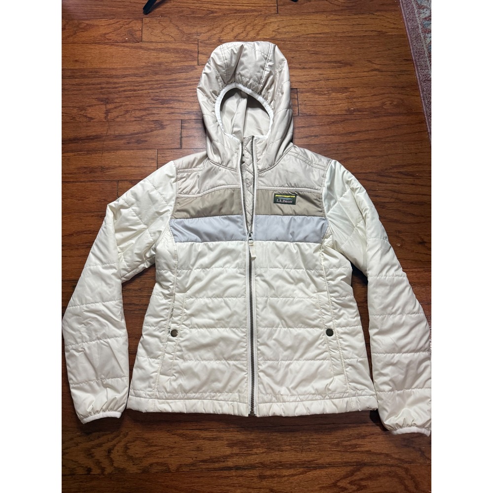 LL Bean PrimaLoft Packaway Hooded Jacket Cream Tan Puffer Womens XXS Petite